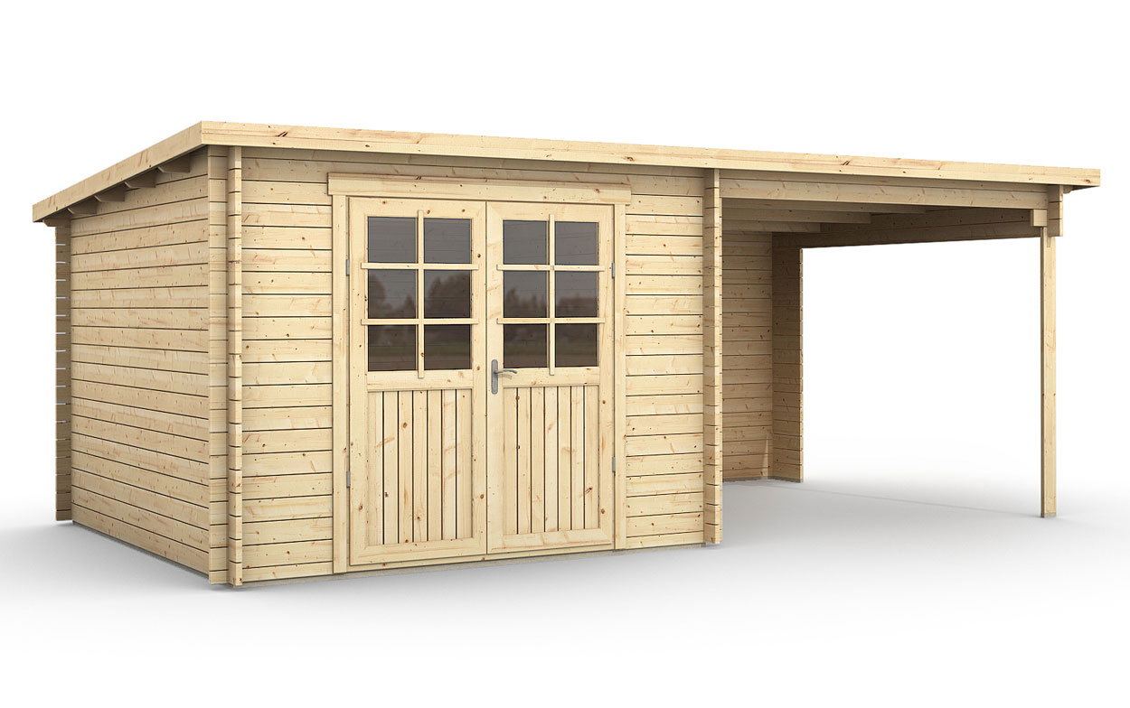 Abri de jardin en bois avec pergola LARISSA (28 mm), 5.2x2.7 m, 7 m² + 7 m²  Livraison rapide 3 - 5 semaines