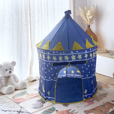 KRUZZEL Tente Enfant Château Magicien Ciel Étoilé - Cabane De Jeu Intérieur Extérieur Bleue Avec Fenêtres Et Sac De Transport