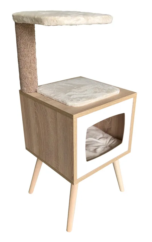 Arbre à chat design 1 plateforme en bois hauteur 92 cm Plume