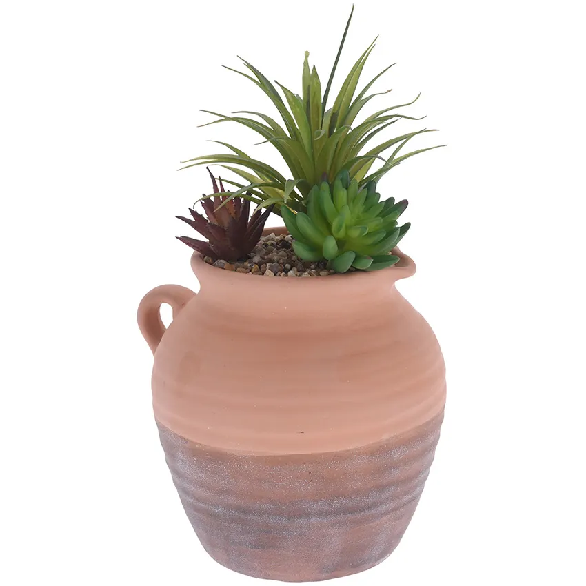Vase terracotta avec plantes artificielles 28 cm