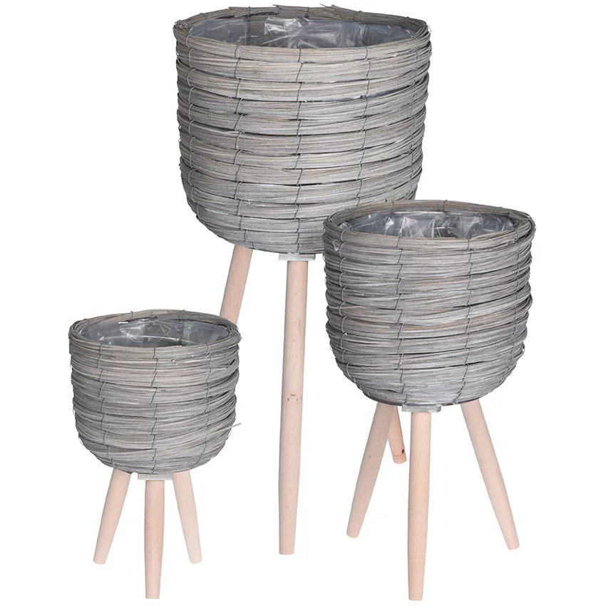 Lot de 3 pots de fleurs en ruban de bois gris hauteur 60 cm