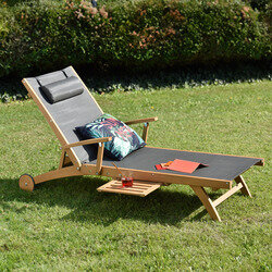 Bain de soleil TIANG avec roues et coussin en Acacia - Coloris Noir - OOGarden