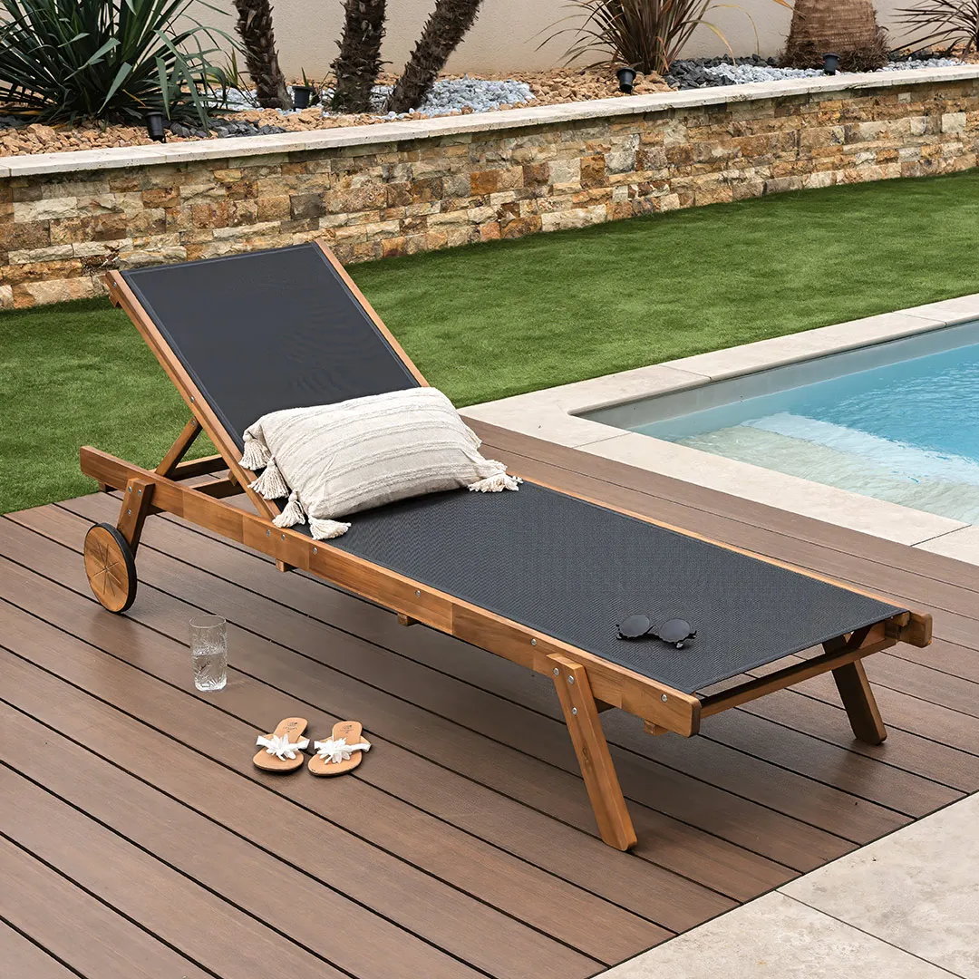 Bain de soleil VINHA avec roues en Acacia et TextilÃ¨ne   Coloris Noir