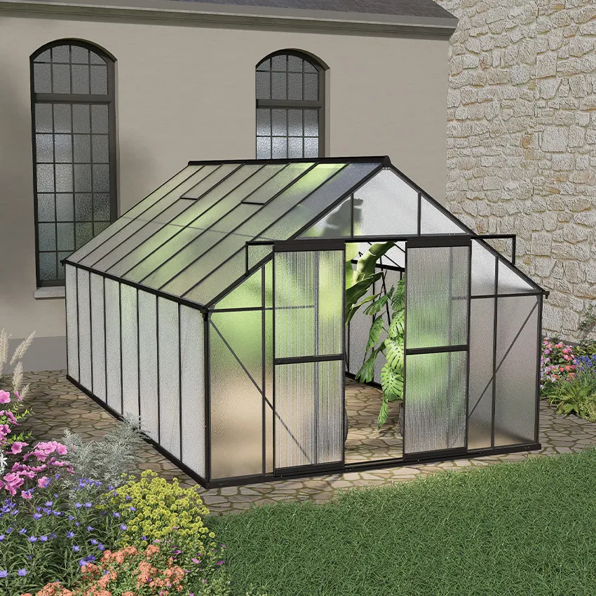 Serre de jardin aluminium noire et polycarbonate 14,4mÂ² et base