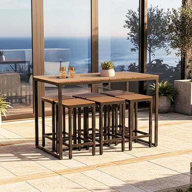 Ensemble Bar En Bois + 6 Tabourets - Marron - Dimensions 145x125 Cm - Occasion