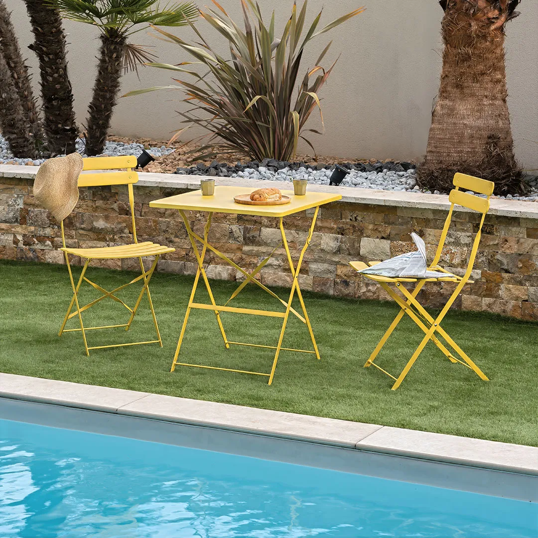 Set bistrot pliant KATIA   1 table carrÃ©e   2 chaises   Coloris jaune