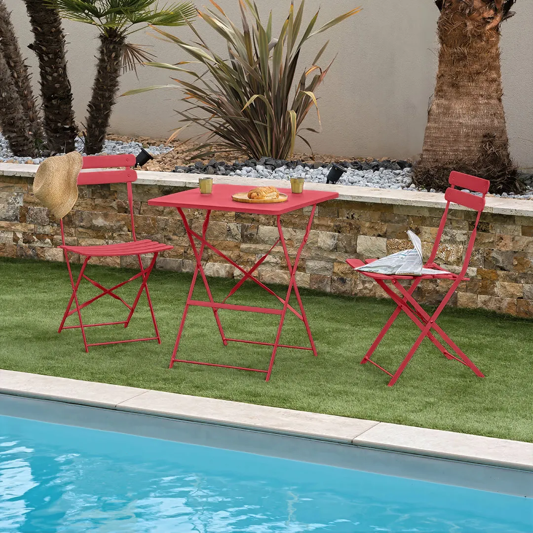 Set bistrot pliant KATIA   1 table carrÃ©e et 2 chaises   Rouge rubis