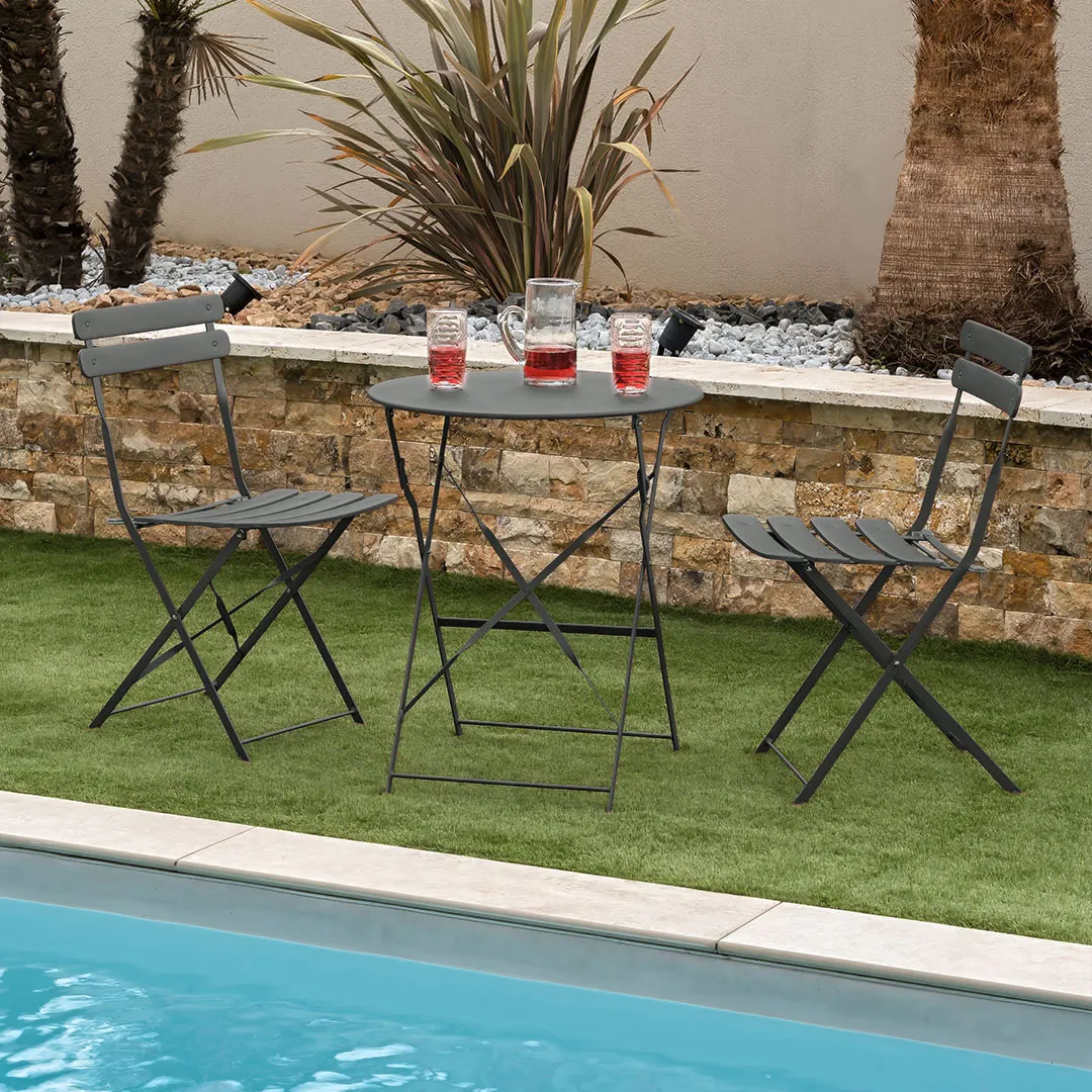 Set bistrot pliant LORA 1 table ronde et 2 chaises Gris anthracite