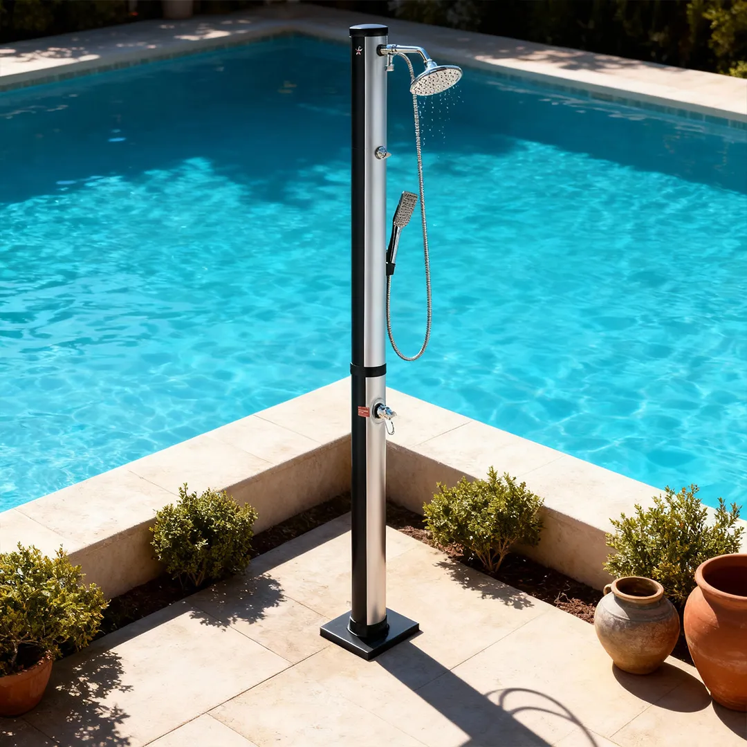 Douche Solaire 20L Ronde Grise - Tuyau et Pomme de douche