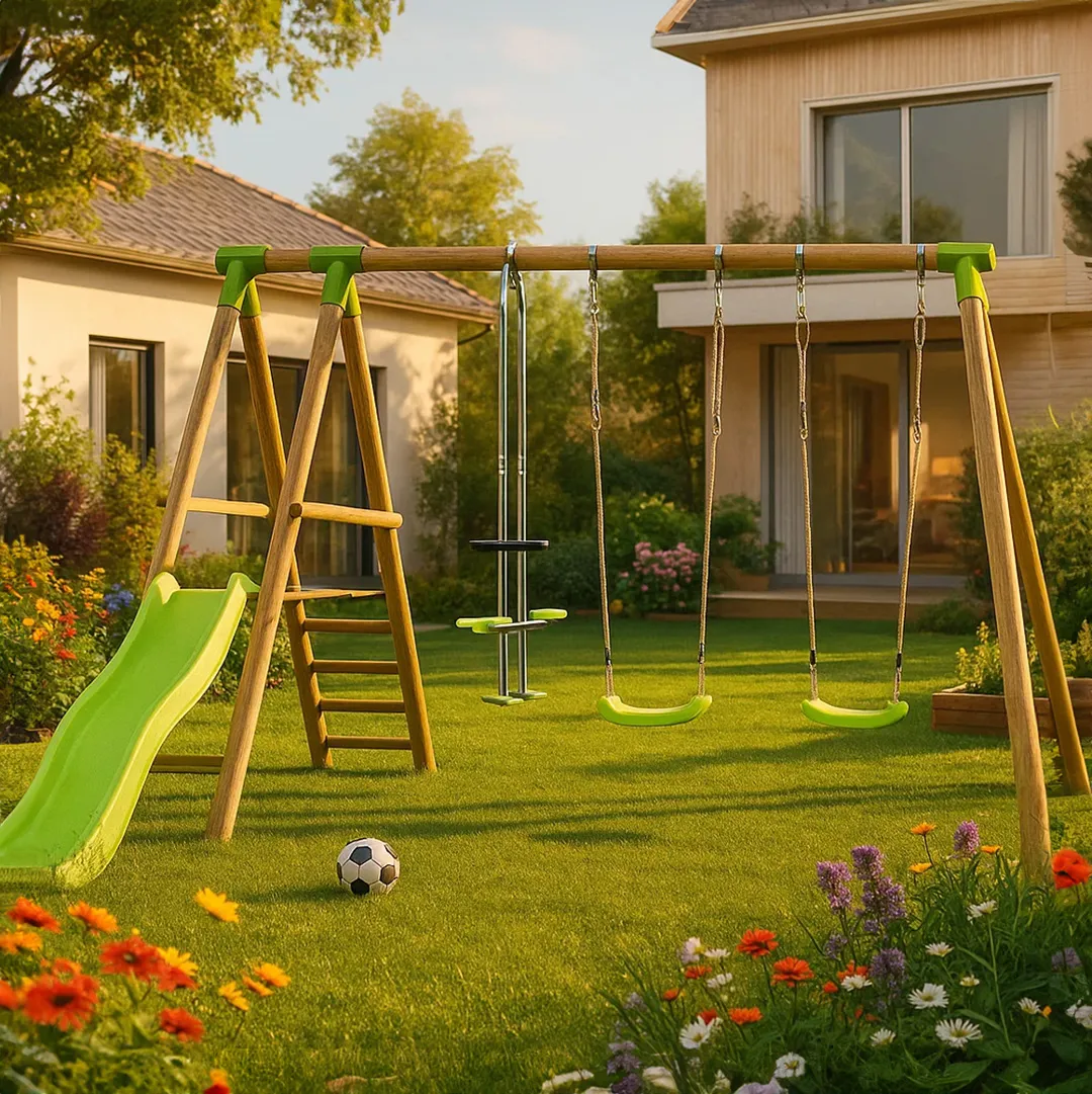 Portique Bois PANDA - Aire de Jeux avec Toboggan Vert 2 Balançoires