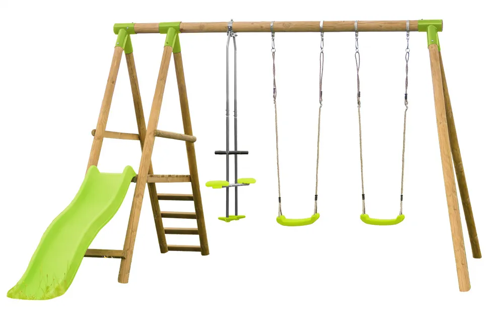 Portique enfant bois avec toboggan vert PANDA