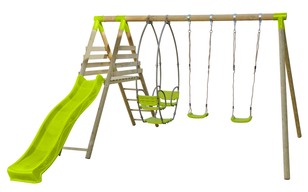 Balançoire double pour enfants avec toboggan et échelle, cadre de balançoire  extérieur en bois massif, 238