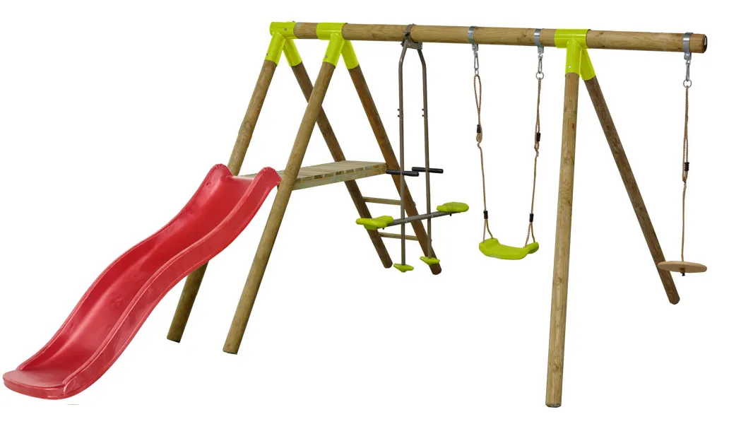 Portique enfant bois avec toboggan rouge MAKI