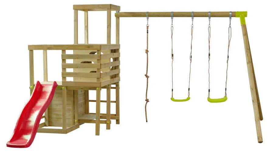 Aire de jeux enfant bois avec toboggan rouge KOUDOU