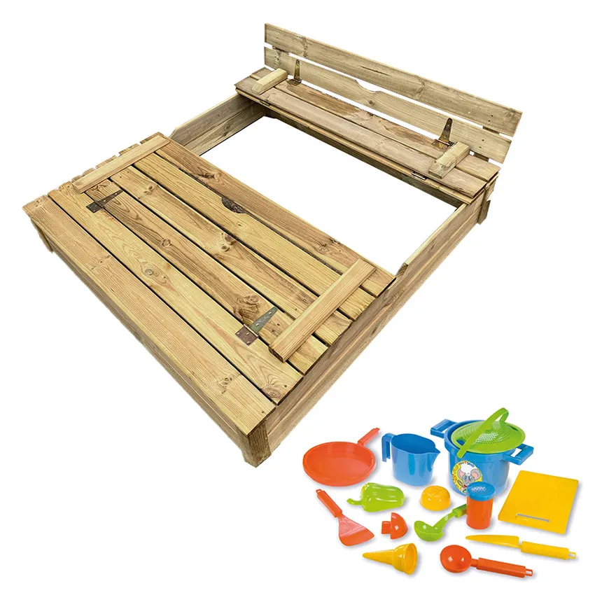Bac Ã  sable en bois avec banc 120x120 Sifaka et Set jeux offert