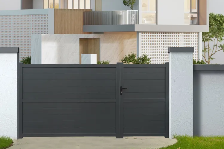 Portail aluminium battants asymÃ©triques   3,5m x H. 1,8m Gris   SPRING