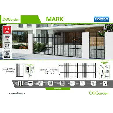 Portail acier galvanisé battant 3,5m x H. 2m Noir - MARK - OOGarden