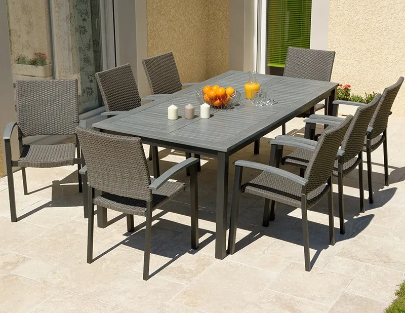 Salon de jardin BARCELONA : table gris 2m, 8 fauteuils rÃ©sine tressÃ©e