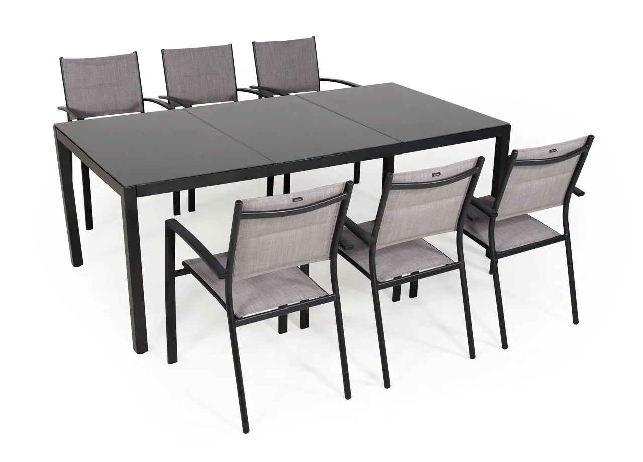 Salon de jardin: Table PALERME 2M et 6 fauteuils TUNIS gris clair