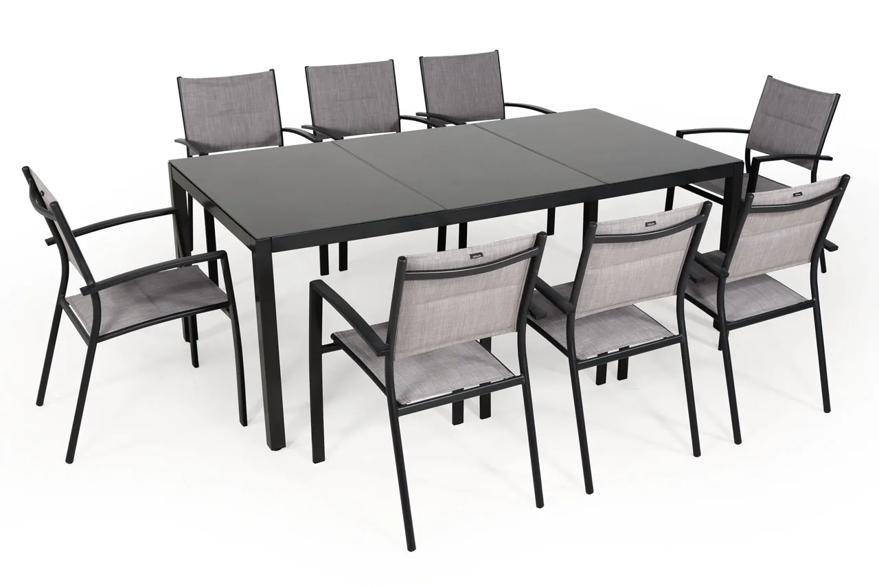Salon de jardin: Table PALERME 2M et 8 fauteuils TUNIS gris clair