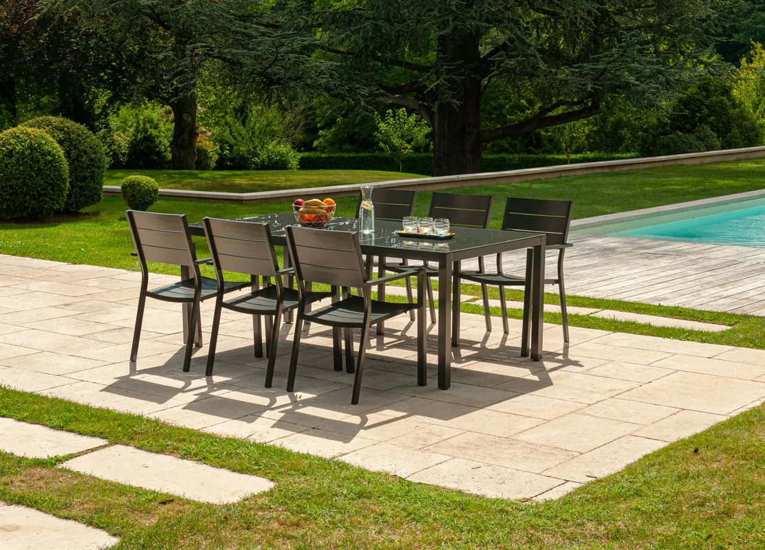 Salon de jardin: Table PALERME 2M et 6 fauteuils PRADET