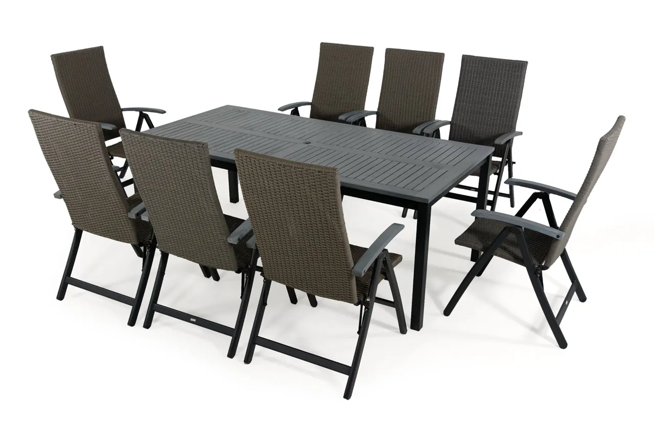 Salon de jardin:table BARCELONA GRIS 200 CM et  8 fauteuils