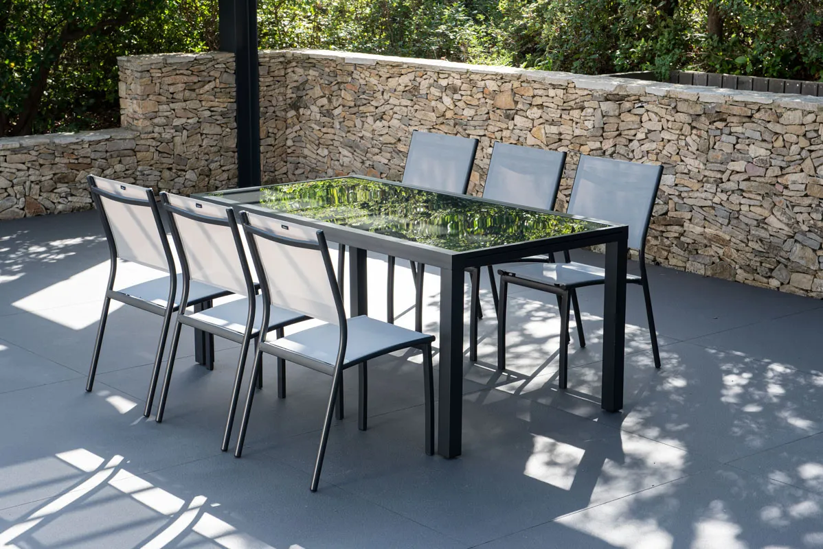 Salon de jardin: Table PALERME 165 245CM et 6 chaises ANTIBES gris clair
