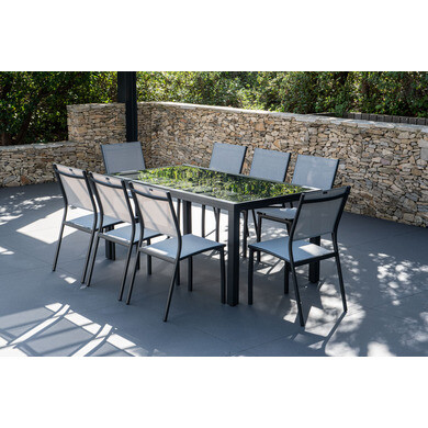 Salon de jardin: table palerme 165 245cm et 8 chaises antibes gris clair