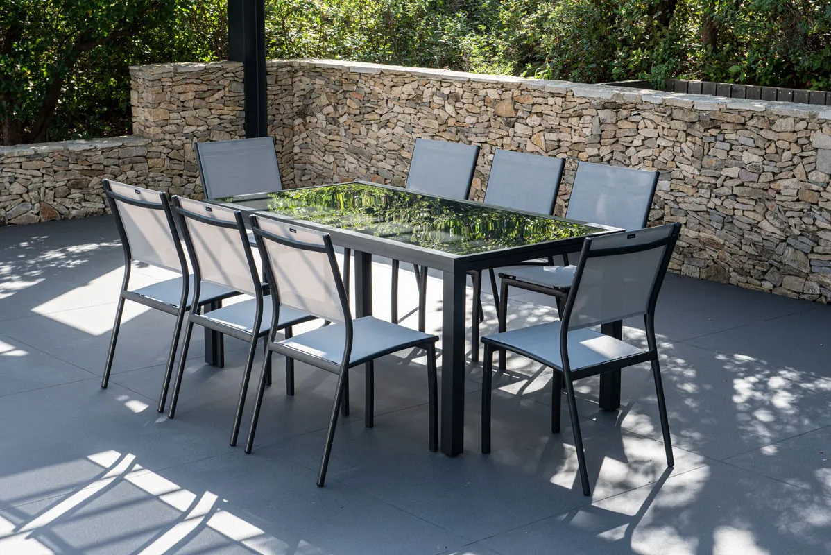 Salon de jardin: Table PALERME 165 245CM et8 chaises ANTIBES gris clair