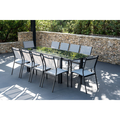Salon de jardin: table palerme 165 245cm et 10 chaises antibes gris clair
