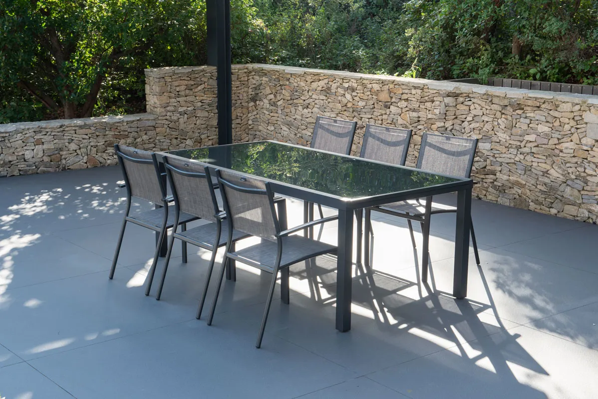 Gartenmöbelset: Tisch PALERME 2 3m und 6 Sessel ANTALYA taupe