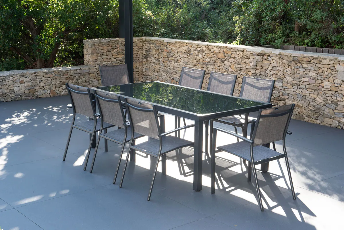 Salon de jardin: Table PALERME 2 3M et 8 fauteuils ANTALYA taupe