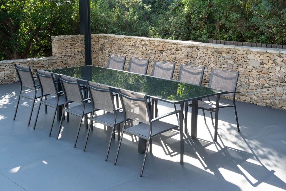 Salon de jardin: Table PALERME 2 3M et 10 fauteuils ANTALYA taupe