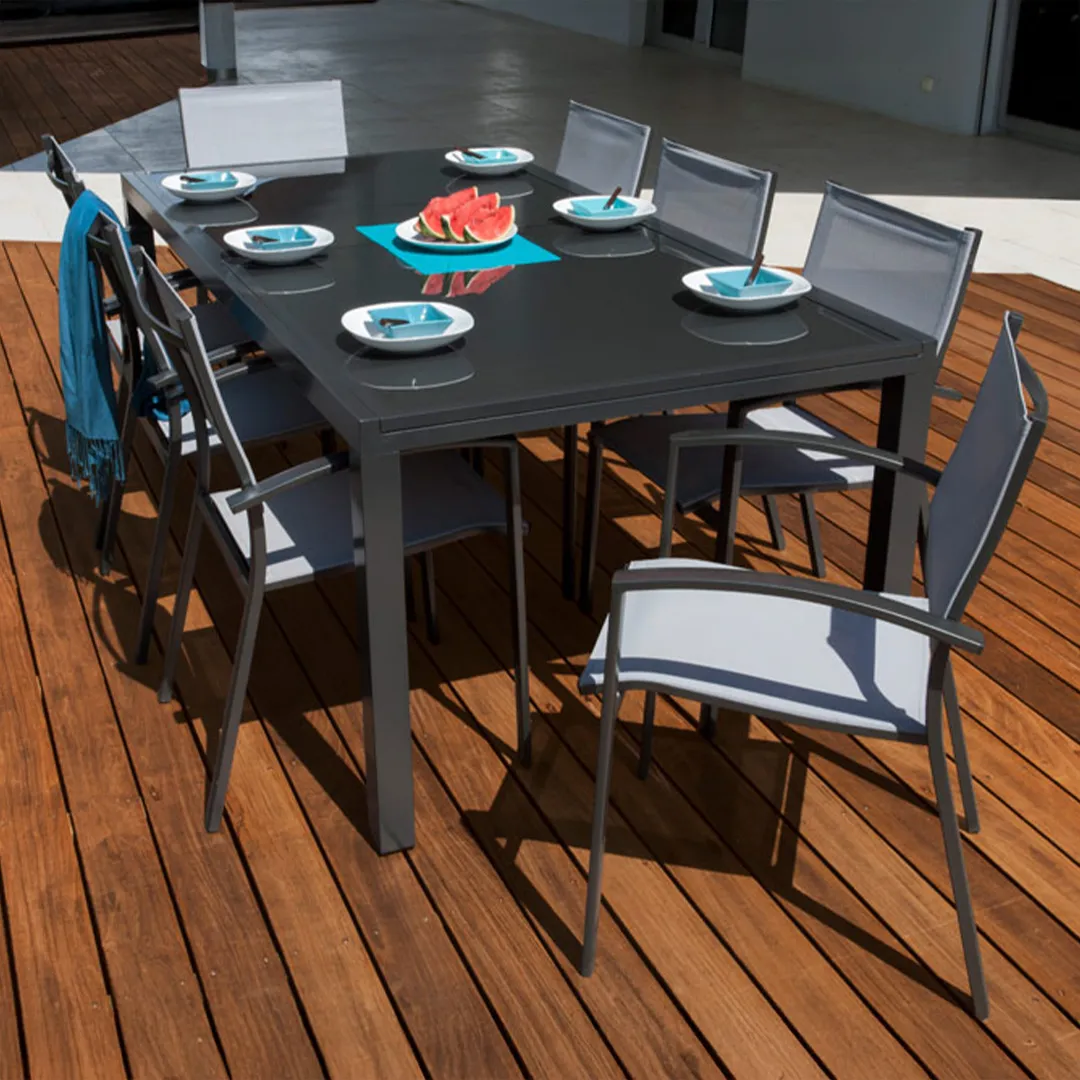 Salon de jardin: Table PALERME 2 3M et 8 fauteuils ANTIBES gris clair