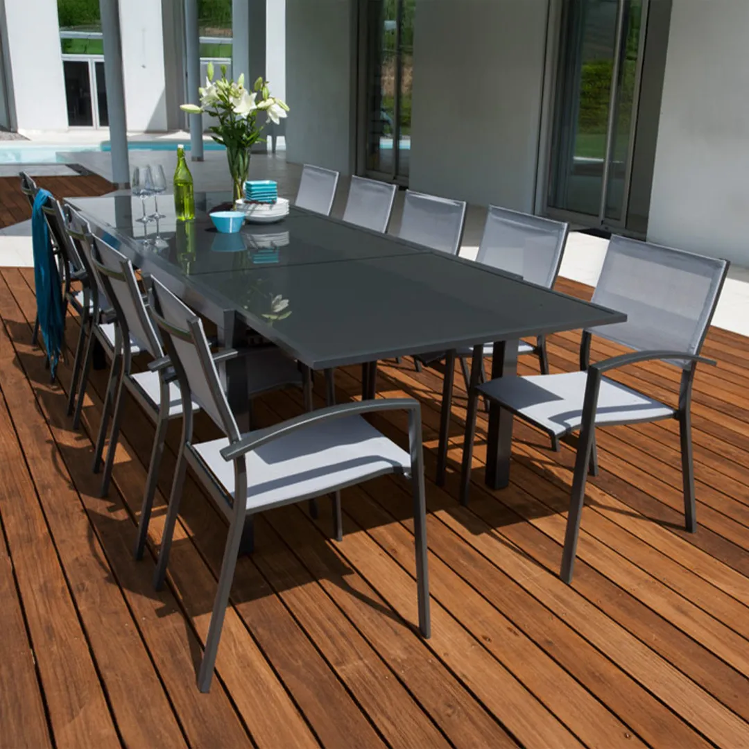 Salon de jardin: Table PALERME 2 3M et 10 fauteuils ANTIBES gris clair