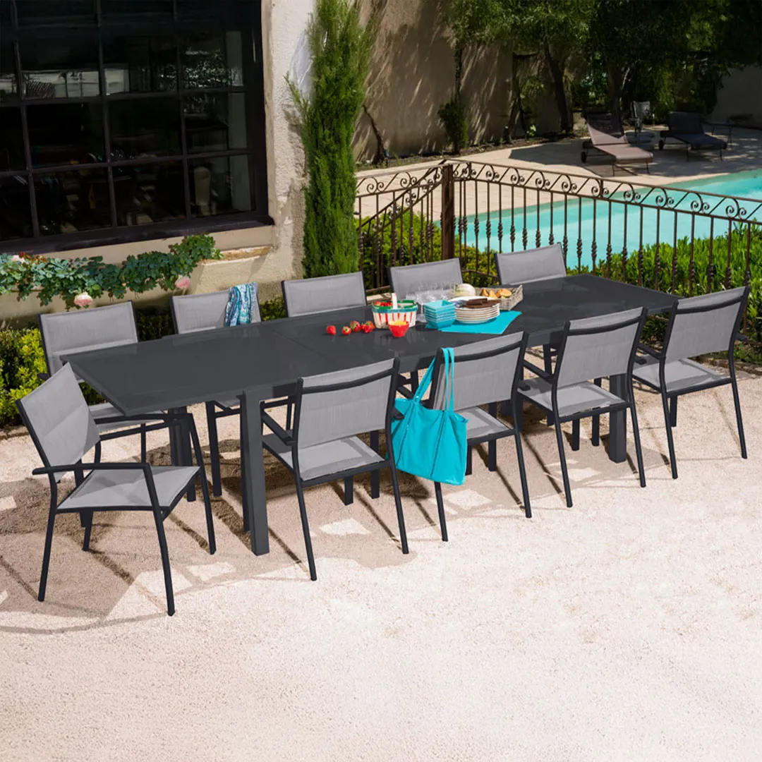 Salon de jardin: Table PALERME 2 3M et 10 fauteuils TUNIS gris clair