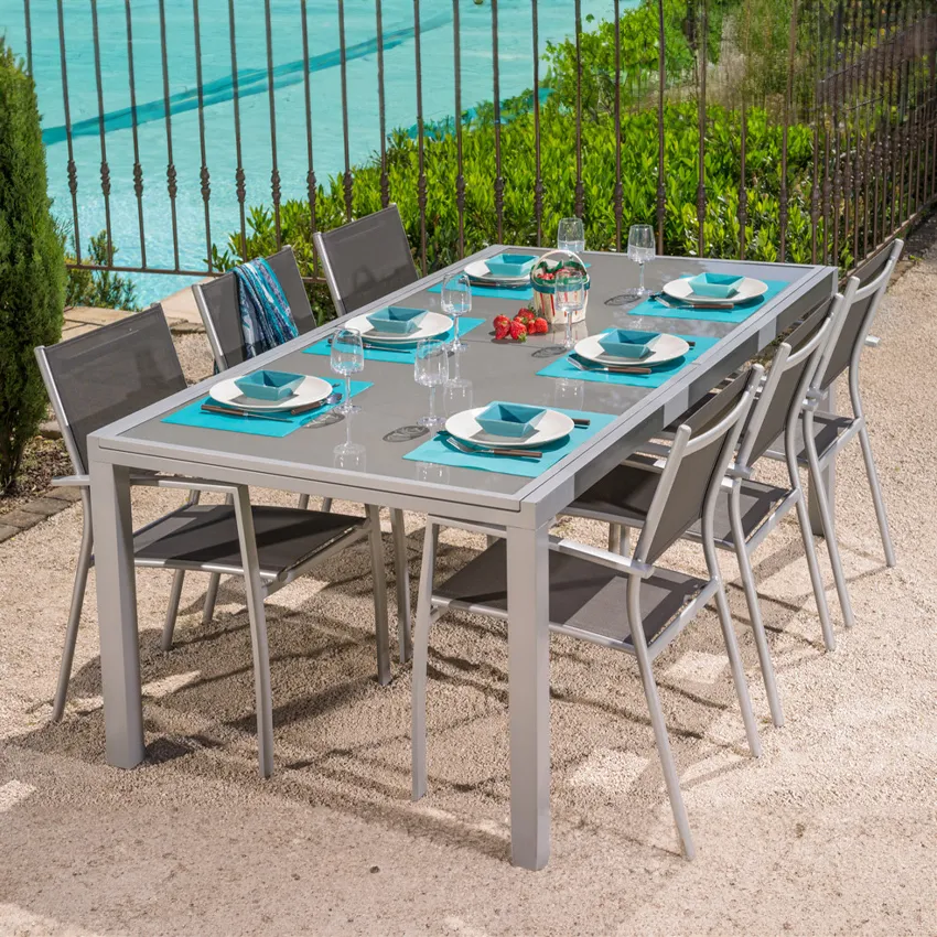 Salon de jardin: Table AJACCIO 2 3M et 6 fauteuils CANNES gris foncÃ©