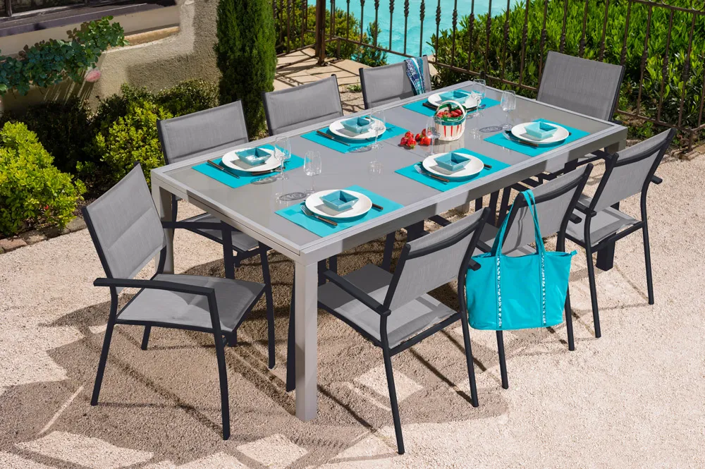 Gartenmöbelset: Tisch AJACCIO 2 3m und 8 Sesseln TUNIS grau