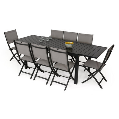 Salon de jardin: Table MALAGA 165/245CM + 8 chaises pliantes anthracite et  gris galet - OOGarden