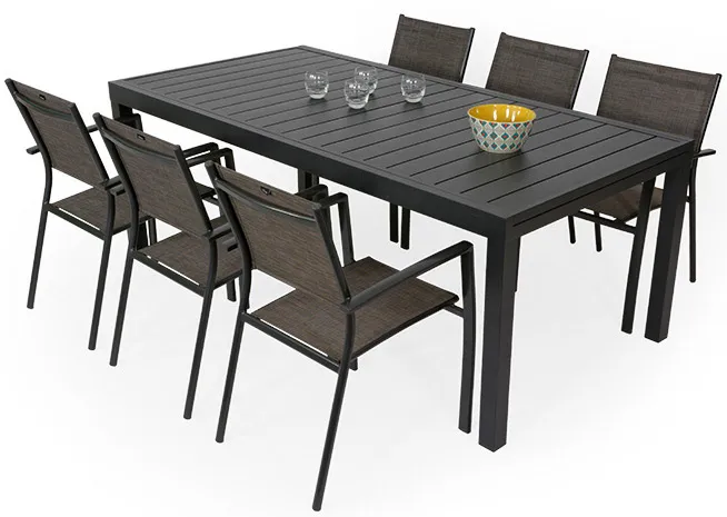 Salon de jardin: Table MALAGA 2 3M et 6 fauteuils ANTALYA taupe