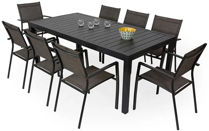 Salon de jardin: Table MALAGA 2 3M et 8 fauteuils ANTALYA taupe