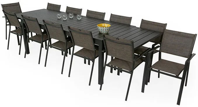 Salon de jardin: Table MALAGA 2 3M et 12 fauteuils ANTALYA taupe