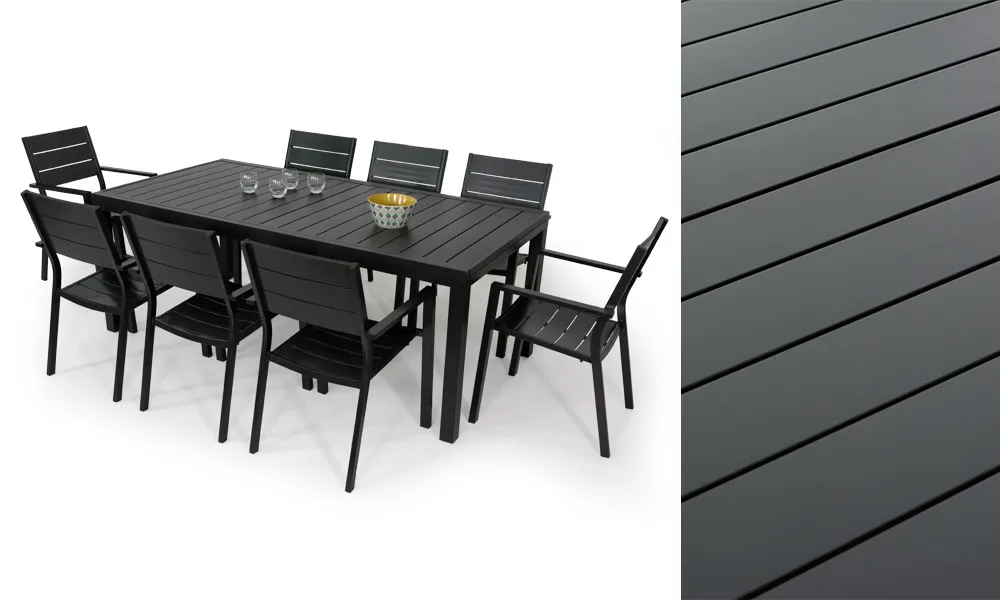 Table MALAGA 2 3M et 8 fauteuils PRADET gris anthracite