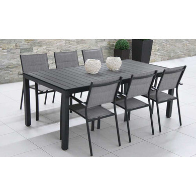 Salon de jardin: table malaga 2m et 6 fauteuils tunis gris clair