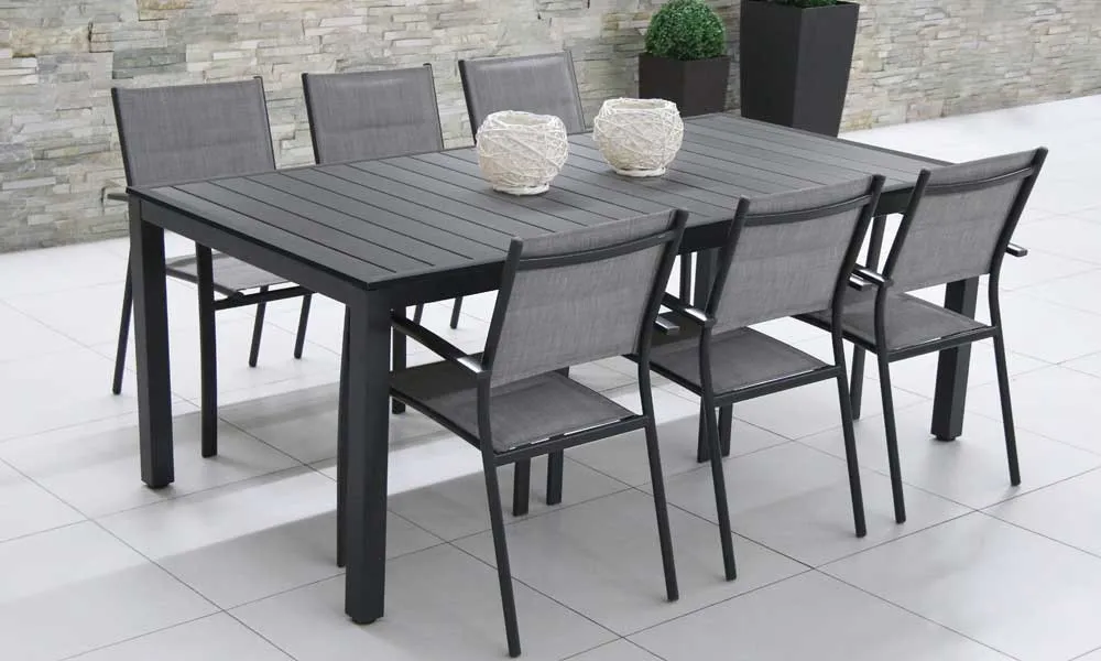 Salon de jardin: Table MALAGA 2M et 6 fauteuils TUNIS gris clair