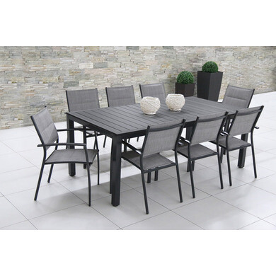 Salon de jardin: table malaga 2m et 8 fauteuils tunis gris clair