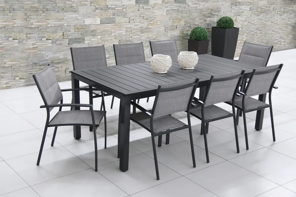 Salon de jardin: Table MALAGA 2M et 8 fauteuils TUNIS gris clair