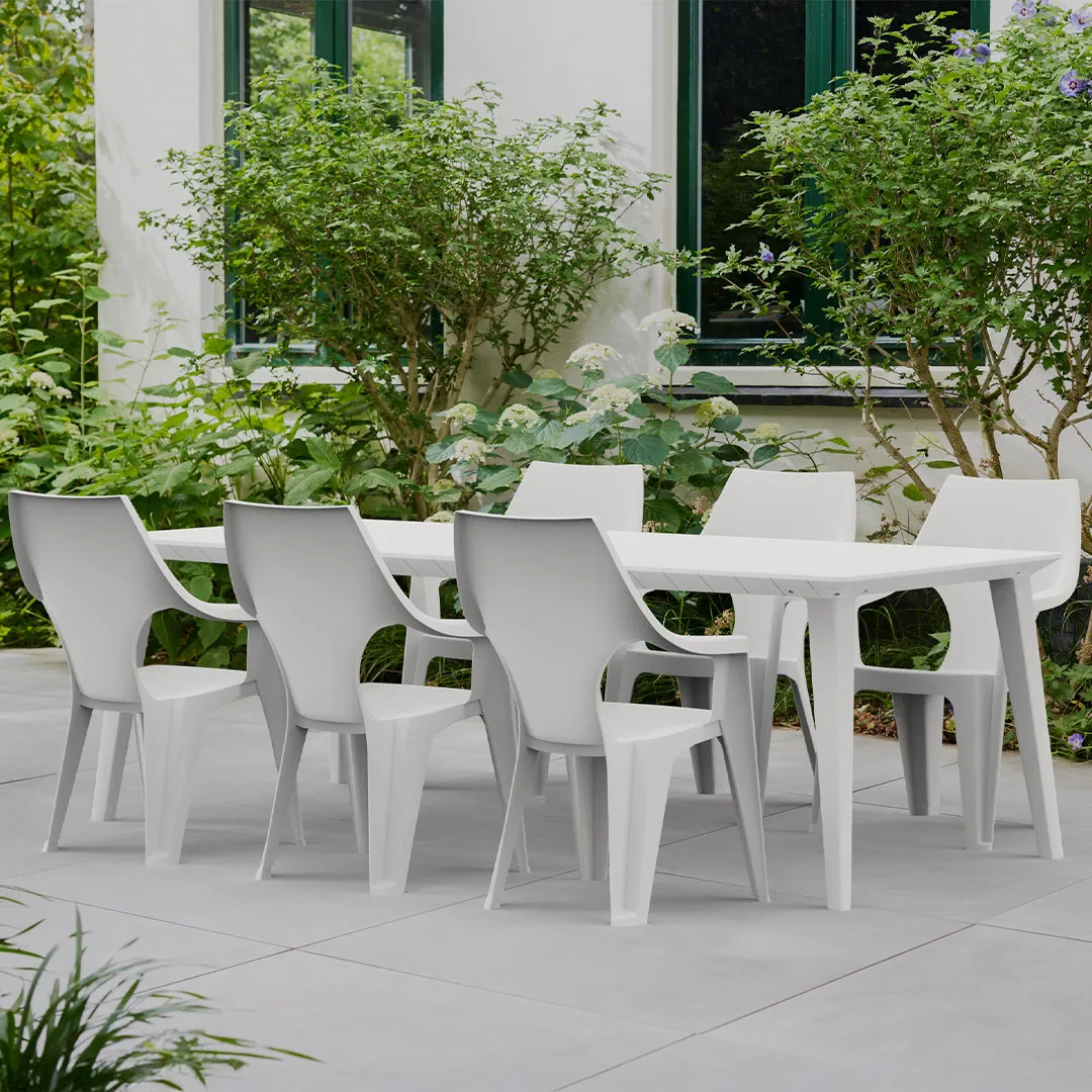 Salon de jardin Table LIMA 160 240cm blanche et 6 Fauteuils DANTE blanc