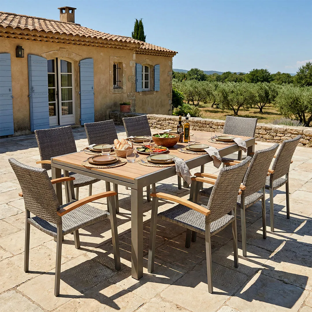 Salon de jardin: Table aluminium 200   300 cm MARBELLA et 8 Fauteuils Barcelona