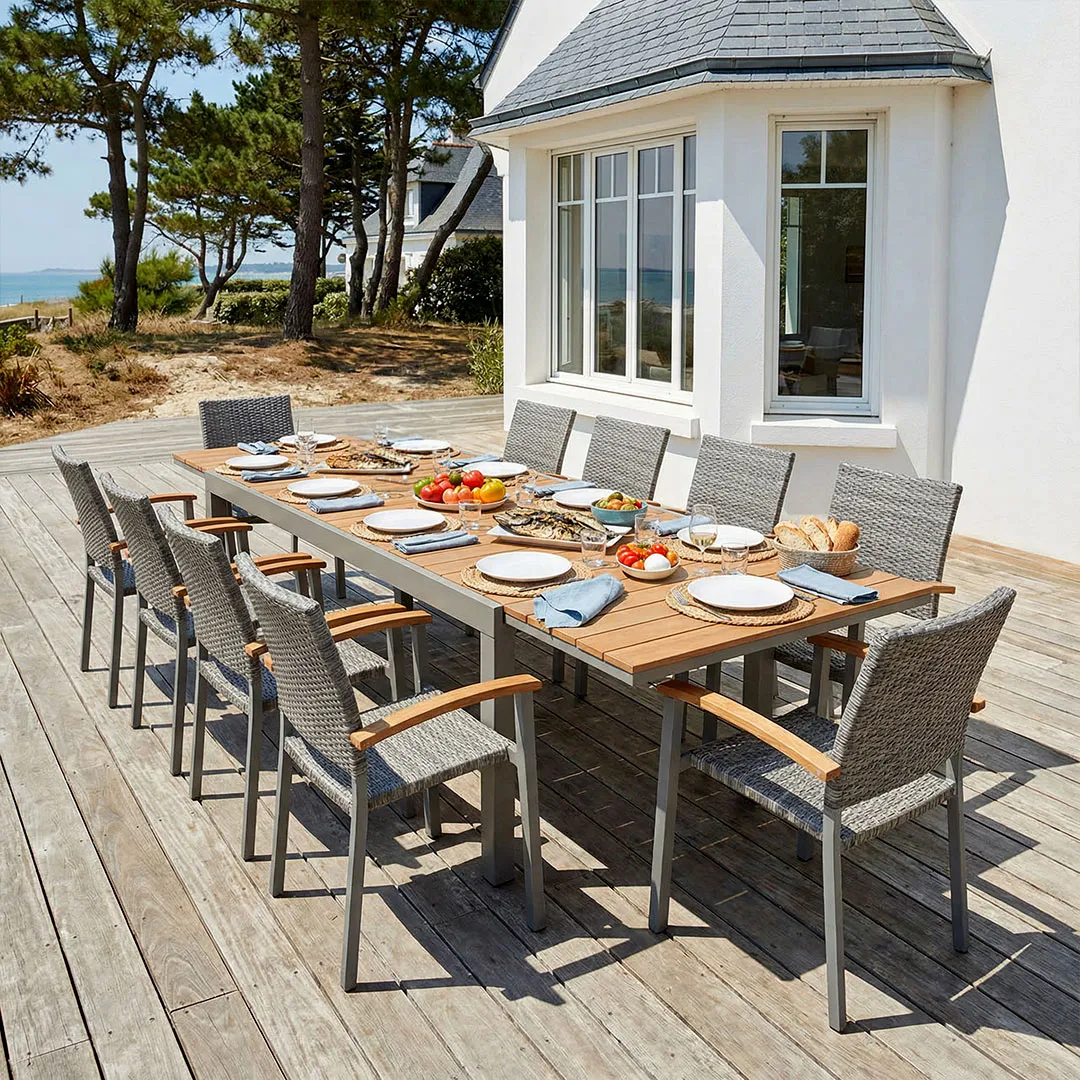 Salon de jardin: Table aluminium 200   300 cm MARBELLA et 10 Fauteuils Barcelona